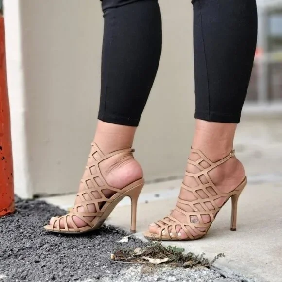 Women's Slingback Stiletto Sandal Peep Toe Hollow Beige Color - Picture 4 of 4